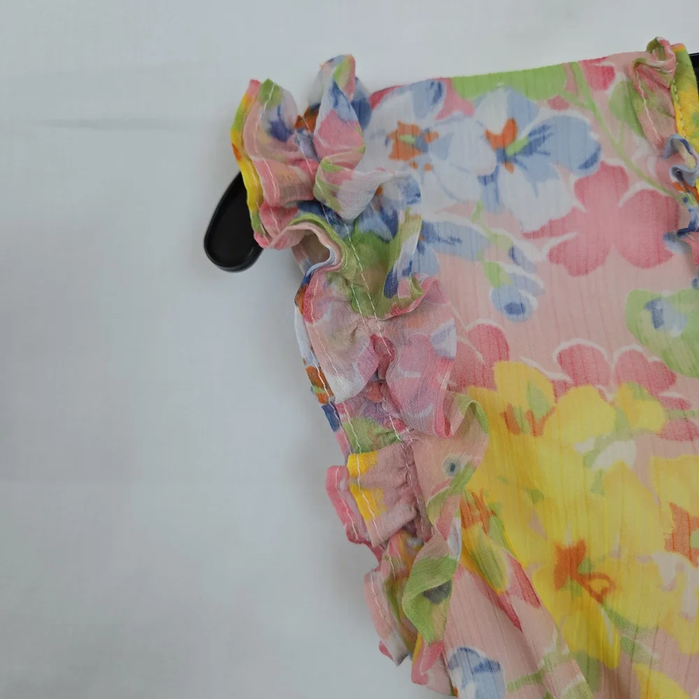 Ralph Lauren Girls Pink Yellow Floral Short Sleeve Ruffled Chiffon Dress Sz 7‎